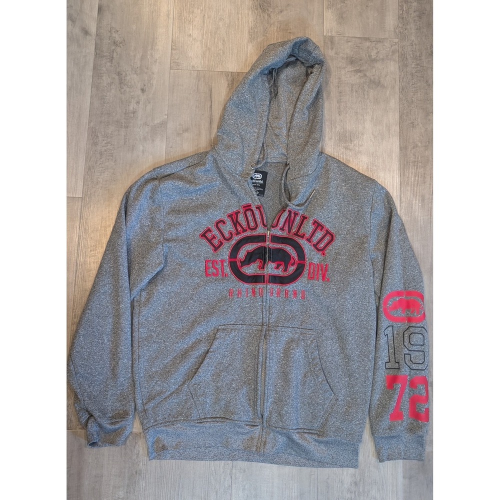 Ecko Unltd Hoodie Mens Medium Gray Full Zip Y2K Logo Spell Out Rhino Grunge USA